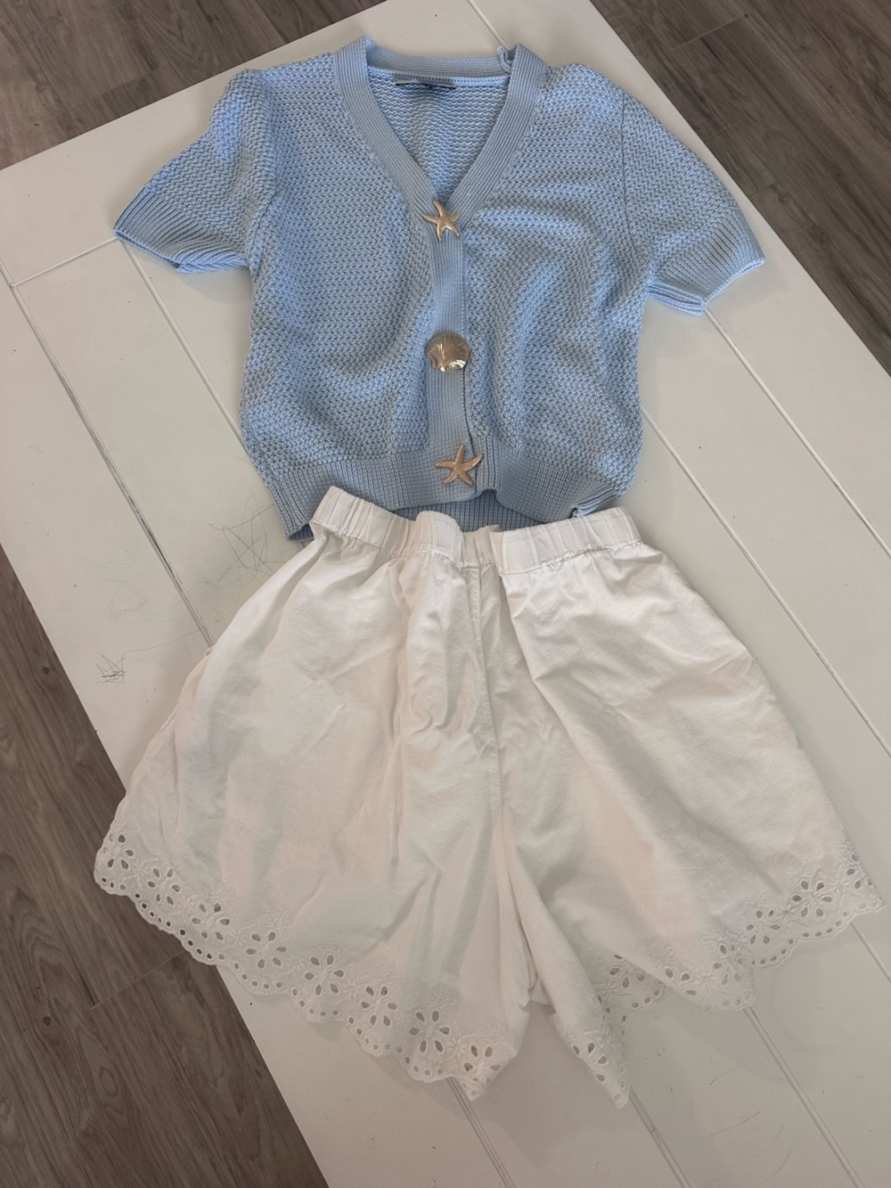 Light Blue Short-Sleeve Knit Cardigan with Shell Buttons
Urban•Daisy - Picture 3 of 4